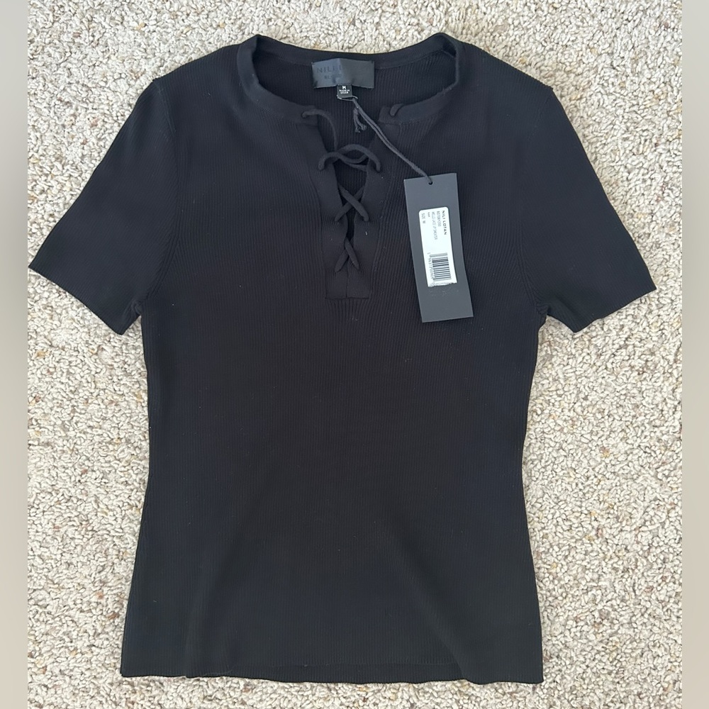 NWT Nili Lotan Wells Lace Up Ribbed Cotton Top